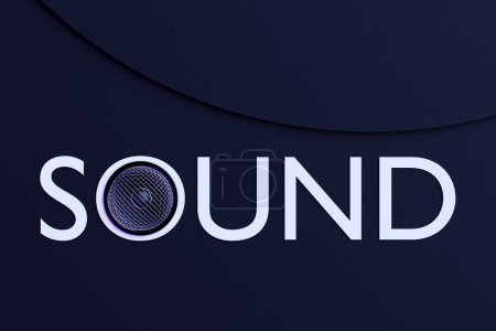 Photo for 3D illustration inscription SOUND from a music speaker on a dark isolated background. Audio system with speakers for concerts and parties - Royalty Free Image