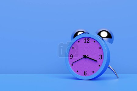 Foto de 3d illustration blue and purple cartoon wake up alarm clock on isolated monochrome background - Imagen libre de derechos