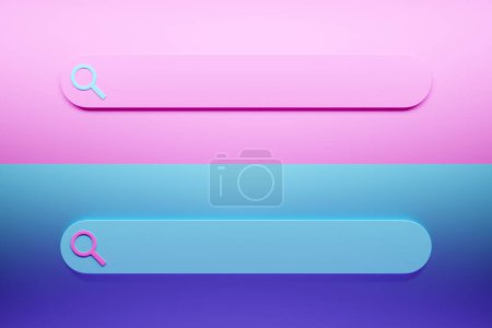 Photo for 3D illustration of the search bar. Search in internet box, website user interface panel with pink and blue theme and online search button - Royalty Free Image