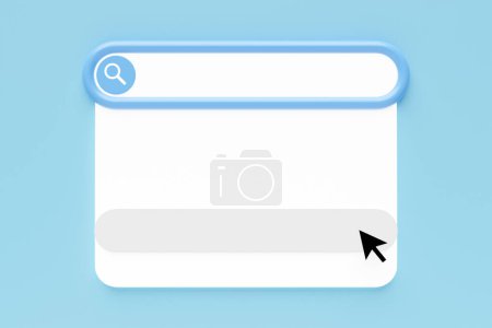 Foto de Marco de búsqueda de ilustración 3D, caja, panel en Internet con un icono de lupa, un gran campo blanco para elegir entre opciones sobre un fondo azul - Imagen libre de derechos