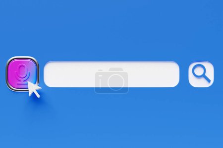 Photo for 3d illustration, microphone button for audio search on the internet. Search bar design element on a  blue background. Search bar for website - Royalty Free Image