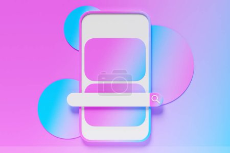 Foto de 3D illustration of a mobile phone with a search bar on a pink background with geometric shapes. Internet search using smartphone. - Imagen libre de derechos