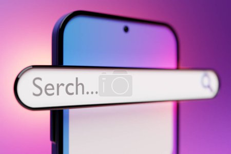 Foto de Ilustración colorida 3D de un teléfono inteligente moderno con una barra de búsqueda de información sobre un fondo rosa. El concepto de comunicación a través de Internet, redes sociales, chat, vídeo, noticias, mensajes, sitio web, búsqueda - Imagen libre de derechos