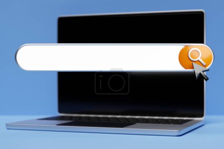 Téléchargez les photos : Ordinateur portable d'illustration 3d avec cadre de recherche, boîte, panneau Internet avec icône en verre grossissant, grande boîte blanche pour la sélection d'options sur fond bleu - en image libre de droit