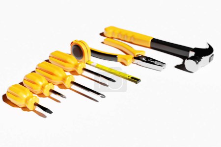 Photo for 3D illustration of a metal hammer with a yellow handle, screwdrivers, pliers, hand tools isolated on a white background. 3D render and illustration of repair and installation tool - Royalty Free Image
