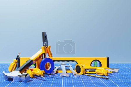 Photo for 3D illustration home repair tools on millimeter paper. Cute set, elements, stickers, icons. Funny colorful design. - Royalty Free Image