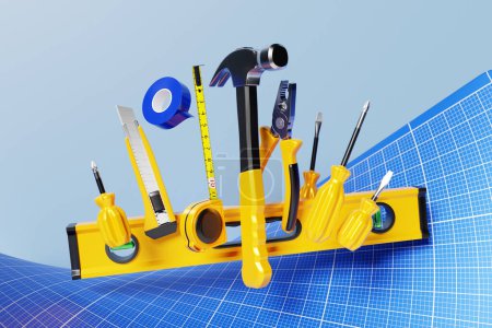 Téléchargez les photos : 3D illustration of a hand tool for repair and construction: level, screwdriver, hammer, pliers, tape measure. Set of tools - en image libre de droit