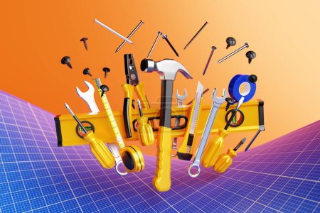Photo for 3D illustration of a metal hammer, screwdrivers, pliers, level, tape measure, electrical tape, cutter with yellow handles, nails and screws scatter in different directions. 3D rendering of a hand tool for repair and installation - Royalty Free Image