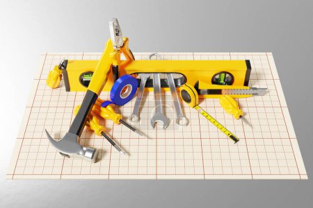 Téléchargez les photos : Illustration 3D outils de réparation à domicile sur papier millimètre. Set mignon, éléments, autocollants, icônes. Conception colorée drôle. - en image libre de droit