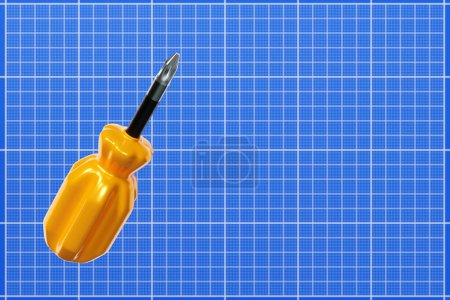 Téléchargez les photos : Illustration 3D d'un tournevis avec une poignée jaune en style dessin animé sur papier graphique. Outil de menuiserie pour bricolage. - en image libre de droit