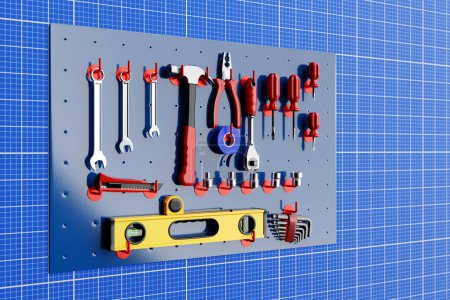Foto de Construction tools. Hand tool for home repair and construction. wrench, cutter, electrical tape, ratchet, pliers, level hang in place on the shelf. 3D illustration - Imagen libre de derechos