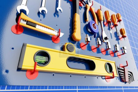 Photo for Construction tools. Hand tool for home repair and construction. wrench, cutter, electrical tape, ratchet, pliers, level hang in place on the shelf. 3D illustration - Royalty Free Image