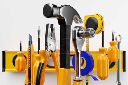 Téléchargez les photos : Various working tools for construction, repair. Screwdriver, level, electrical tape, hammer, knife, scissors, wrench, etc. 3D illustration - en image libre de droit