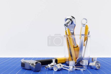 Photo for Construction tool shop service concept. set of all tools for home repair builder on a white background. 3d illustration - Royalty Free Image