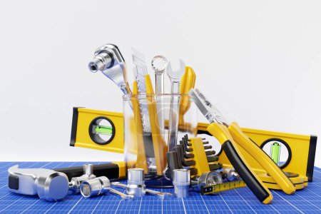 Foto de Concepto de servicio de taller de herramientas de construcción. conjunto de todas las herramientas para el constructor de reparación de viviendas sobre un fondo blanco. ilustración 3d - Imagen libre de derechos