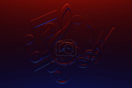 Téléchargez les photos : Musical notes and symbols with curves and swirls on a black background under red neon color. 3D illustration - en image libre de droit