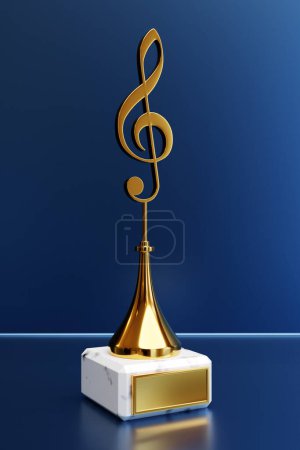 Foto de Premio de la música de oro con una clave triple sobre un fondo azul, ilustración 3d - Imagen libre de derechos