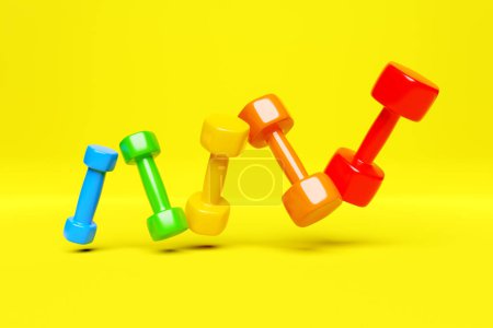 Photo for 3D Rendering colorful  dumbbells for sports isolated on yellow background - Royalty Free Image