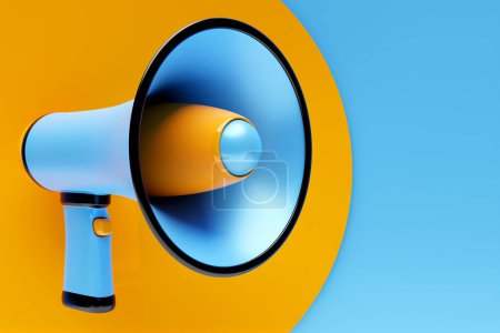 Téléchargez les photos : Blue and yellow cartoon glass loudspeaker on a   monochrome background. 3d illustration of a megaphone. Advertising symbol, promotion concept. - en image libre de droit