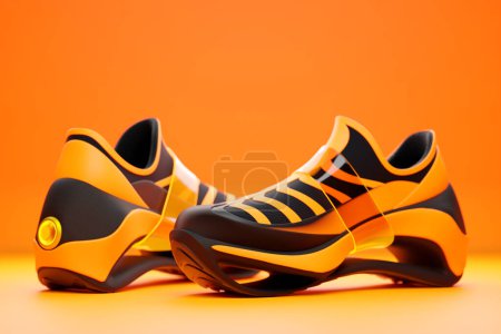 Foto de Zapatilla de deporte premium 3d renderizar objeto aislado sobre un fondo naranja - Imagen libre de derechos