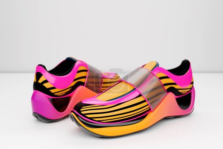 Téléchargez les photos : Bright sneakers with animal print on the sole. The concept of bright fashionable sneakers, 3D rendering. - en image libre de droit
