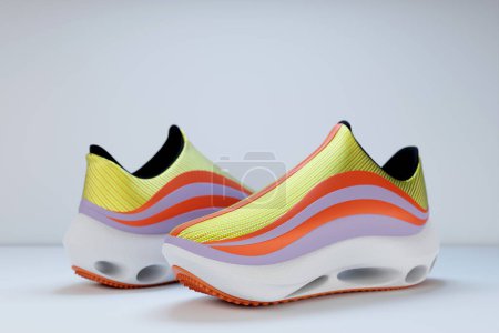 Photo for Bright sports unisex sneakers in orange and yellow canvas with high  white soles. 3d illustration - Royalty Free Image