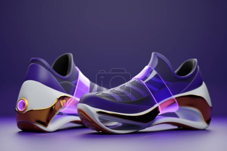 Téléchargez les photos : Baskets violettes sur la semelle. Le concept de baskets lumineuses à la mode, rendu 3D. - en image libre de droit