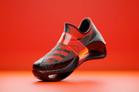 Foto de Bright colorful  sneaker premium 3d Render  on a  red  background - Imagen libre de derechos