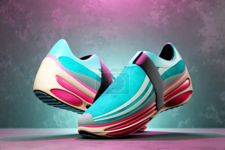 Photo for Colorful  sneakers  on the sole. The concept of bright fashionable sneakers, 3D rendering. - Royalty Free Image