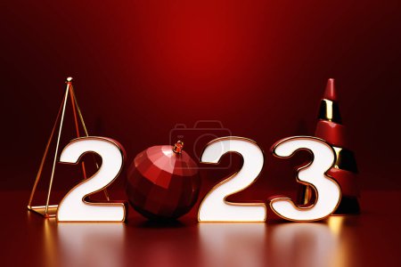 Photo for 3d illustration of cartoon happy new year 2023 greeting card: new year banner with decor and  gifts, - Royalty Free Image