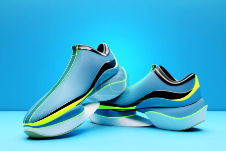 Photo for Blue  sneakers  on the sole. The concept of bright fashionable sneakers, 3D rendering. - Royalty Free Image