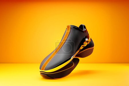 Foto de Bright sports  black  unisex sneakers in yelllow and black   canvas with high  soles. 3d illustration - Imagen libre de derechos