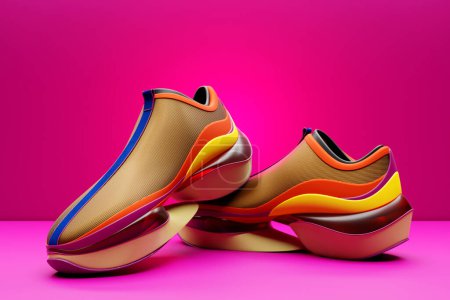 Téléchargez les photos : Bright sports  colorful unisex sneakers in pink and orange canvas with high  soles. 3d illustration - en image libre de droit