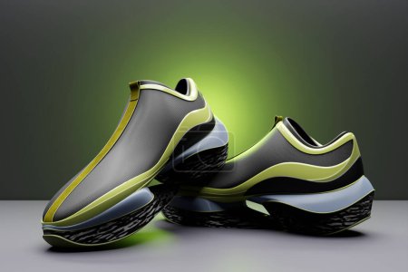 Photo for Black and green sneakers  on the sole. The concept of bright fashionable sneakers, 3D rendering. - Royalty Free Image
