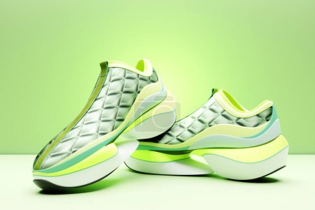 Photo for Green  sneakers  on the sole. The concept of bright fashionable sneakers, 3D rendering. - Royalty Free Image