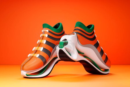 Téléchargez les photos : Colorful sneakers  on the sole. The concept of bright fashionable sneakers, 3D rendering. - en image libre de droit