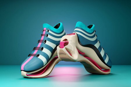 Photo for Bright sports   colorful   unisex sneakers in  white and red  canvas with high  soles. 3d illustration - Royalty Free Image
