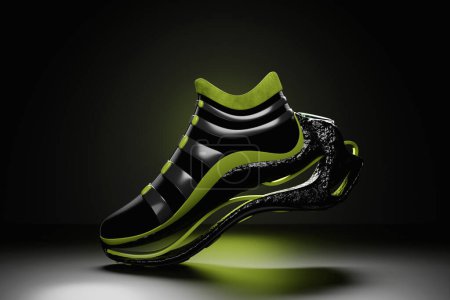 Foto de Green and blue sneaker  on the sole. The concept of bright fashionable sneakers, 3D rendering. - Imagen libre de derechos