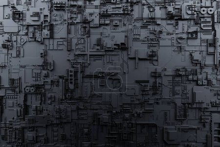 Foto de Ilustración 3d primer plano de una tapicería tecnológica militar hecha de metal, un patrón en forma de metal, recubrimiento tecnológico de una nave espacial o robot - Imagen libre de derechos