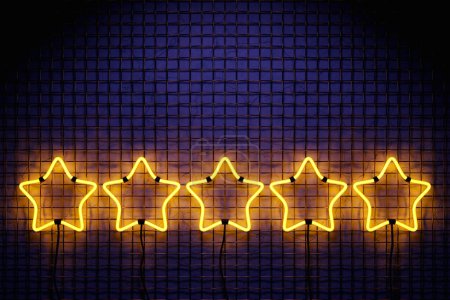 Téléchargez les photos : 3D illustration of the five neon  yellow star arrow on a mesh wall. Realistic shiny signboard. Glowing star icon. Colored neon banner. - en image libre de droit