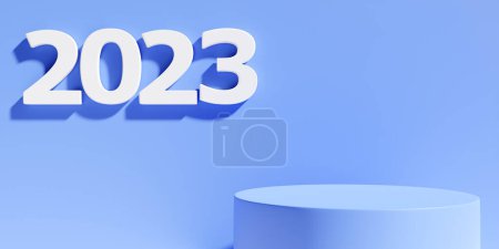 Téléchargez les photos : Illustration 3D d'un podium violet et inscription 2023. Rendement 3D. Minimalisme géométrie fond. Illustration du symbole de la nouvelle année. - en image libre de droit