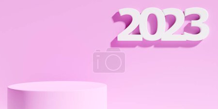 Téléchargez les photos : Illustration en 3D d'un podium rose et inscription 2023. Rendement 3D. Minimalisme géométrie fond. Illustration du symbole de la nouvelle année. - en image libre de droit