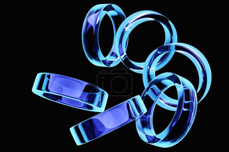 Téléchargez les photos : 3d illustration.Set of blue   toruses  on monocrome background, pattern. Geometry  background - en image libre de droit
