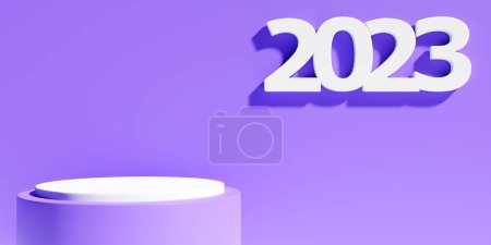Photo for 3d illustration of a purple podium and inscription 2023. 3d rendering. Minimalism geometry background. Illustration of the symbol of the new year. - Royalty Free Image