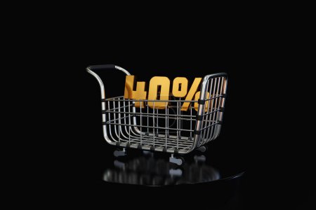Foto de 3D shopping basket shop cart and promotional labels on  black  background shopping bag buy sell discount 3d  illustration - Imagen libre de derechos