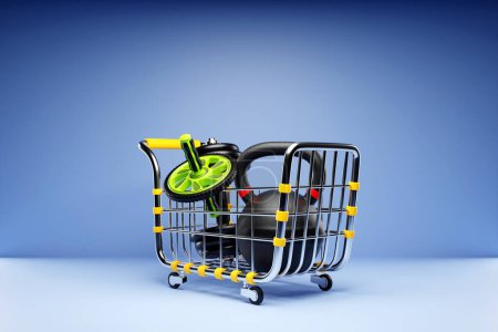 Téléchargez les photos : 3D illustration sporting goods lies in a grocery cart. The concept of searching for goods and services in online stores for sports - en image libre de droit