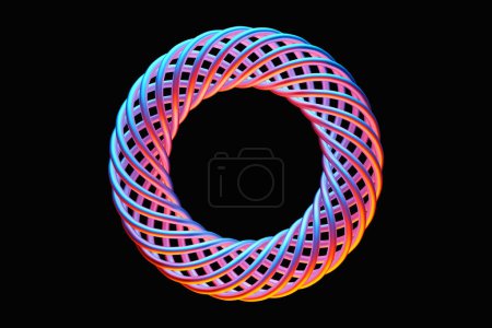 Foto de Pink and blue  futuristic neon torus donut on black isolated background. 3D rendering - Imagen libre de derechos