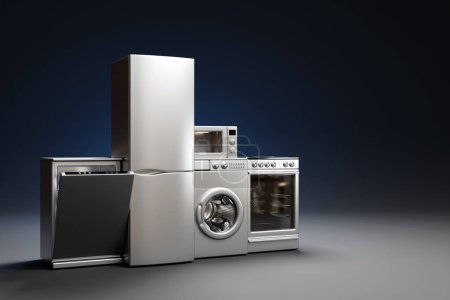 Des appareils. Ensemble d'appareils ménagers de cuisine isolés sur gris. Réfrigérateur, cuisinière électrique, lave-vaisselle et lave-linge. Illustration 3d