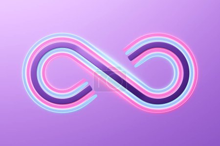 Foto de Colorful infinity symbol template. 3d illustration of a realistic sign of eternity with colored stripes. Colorful wavy volumetric eight for logo, branding - Imagen libre de derechos