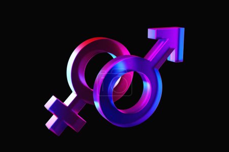 Photo for 3D illustration, minimalist concept. Male and female symbols joined together on black  background. . Sexual symbols. Gender icon. Couple man and woman. - Royalty Free Image